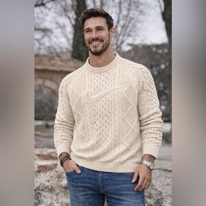 NIKE Cable Knit Swoosh Sweater Cream Wool-Blend Crewneck ✨XXL✨